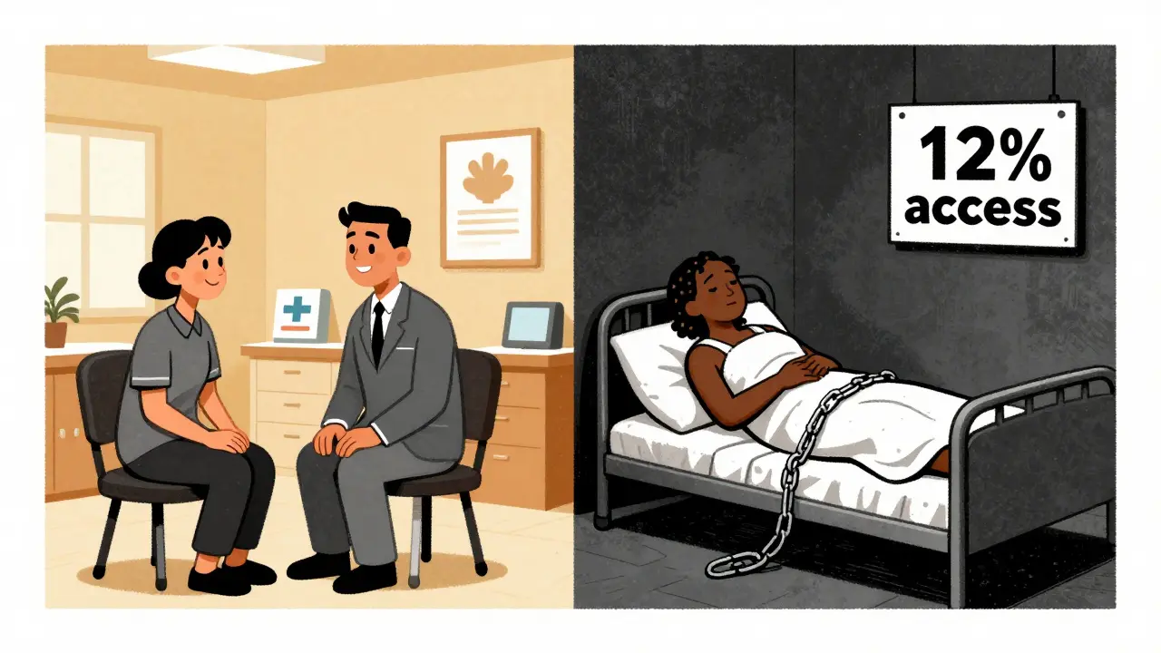 Kontrast mezi léčbou v bohaté zemi a násilím v chudé zemi.