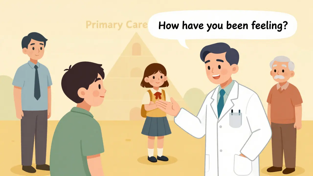 Lékař se ptá pacienta na duševní zdraví, ostatní v pozadí reagují soucitem.