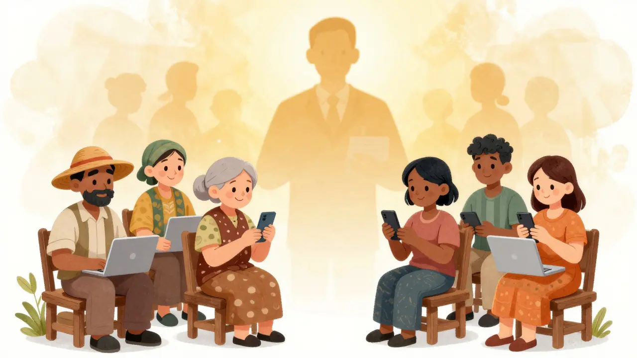 Lidé na venkově se připojují k terapeutům přes telefon a počítač v teplém světle.