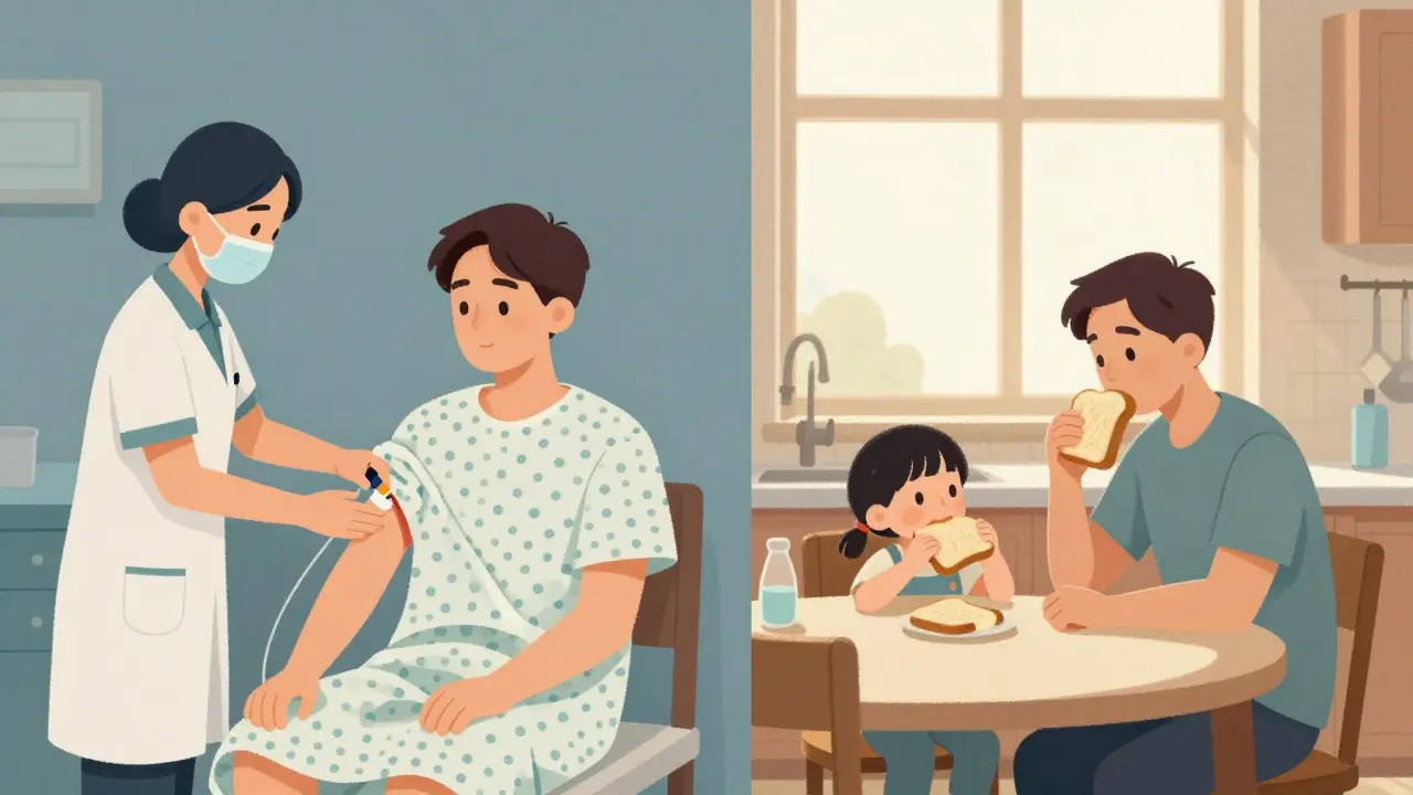 Muž dostává buprenorfin a poté spí s dítětem u stolu.