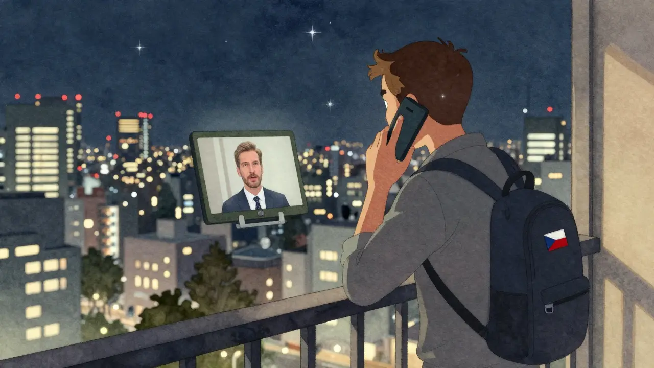 Muž v Tokiu hovoří s českou terapeutkou z balkonu večer pod hvězdami.