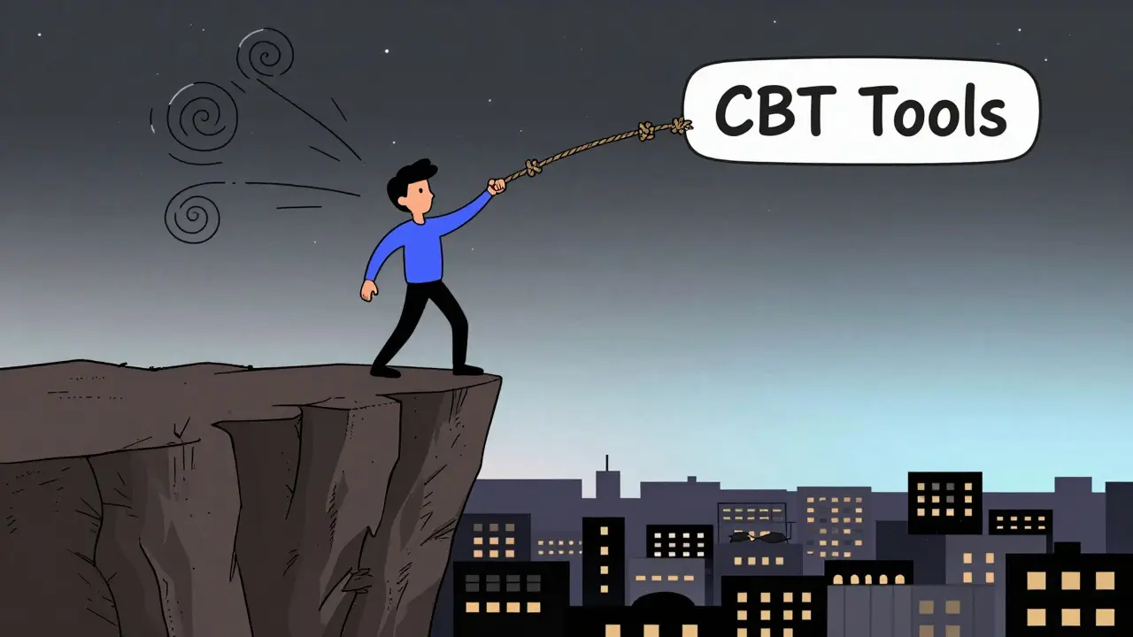 Osoba drží lano nástrojů KBT na okraji hory myšlenek, východ slunce, UPA styl.