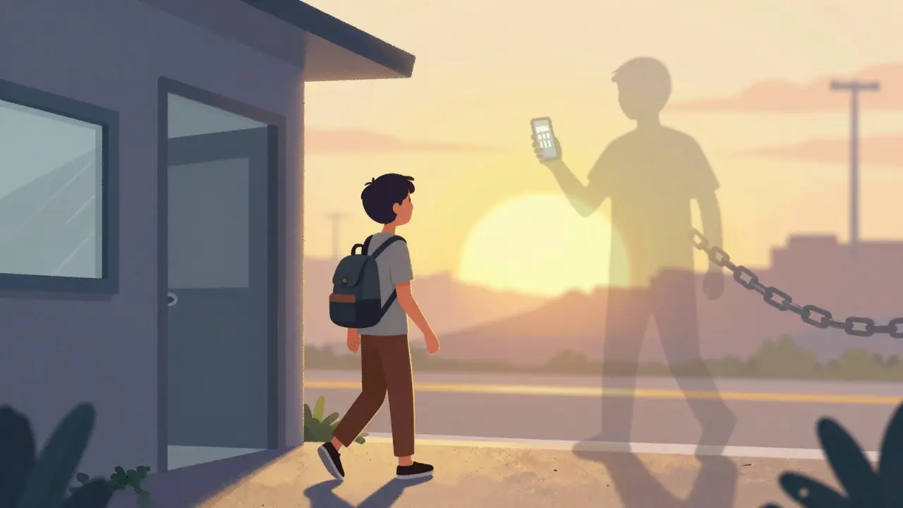 Osoba opouští léčebné zařízení do světlého rána, zatímco její minulost se mění v stín.