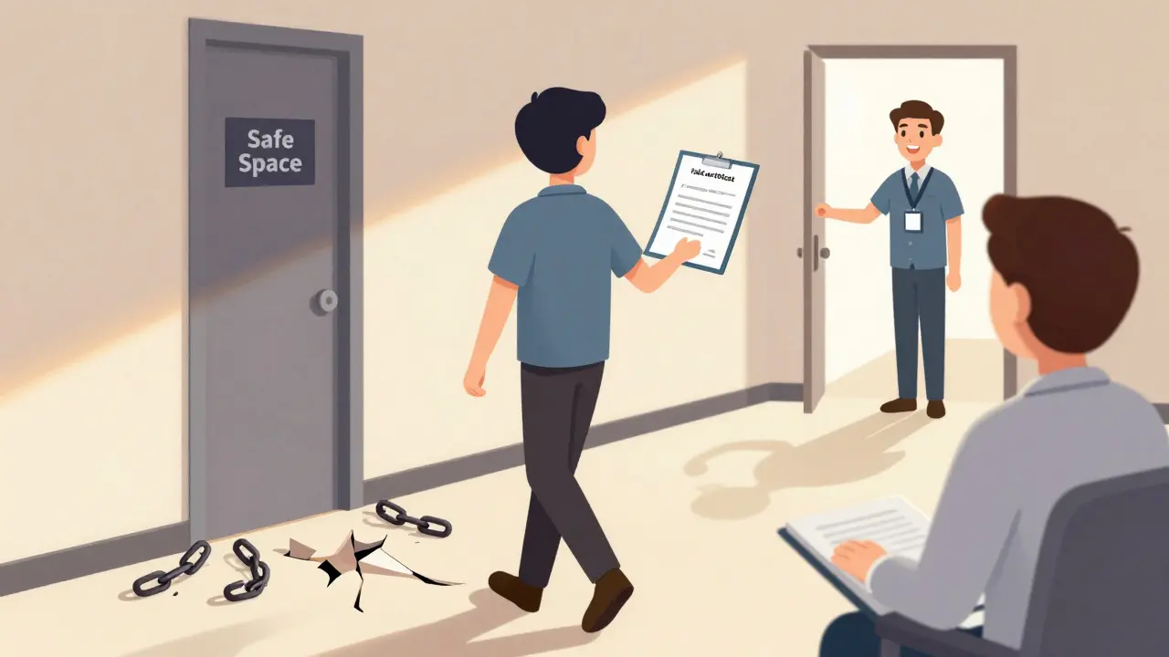 Osoba opouští nekvalifikovaného terapeuta a směřuje k bezpečnému prostoru.