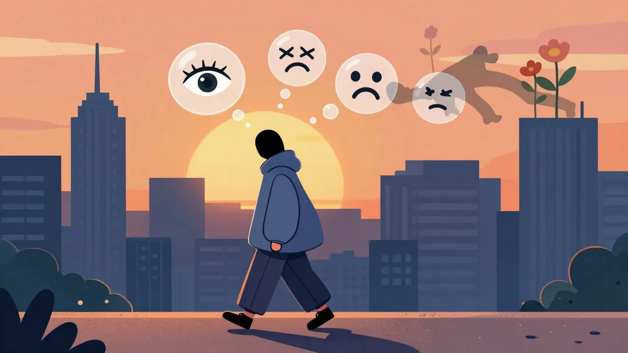 Postava chodí městem skrytá v oblečení, zatímco za ní tmavé stíny přeměňují v květy.