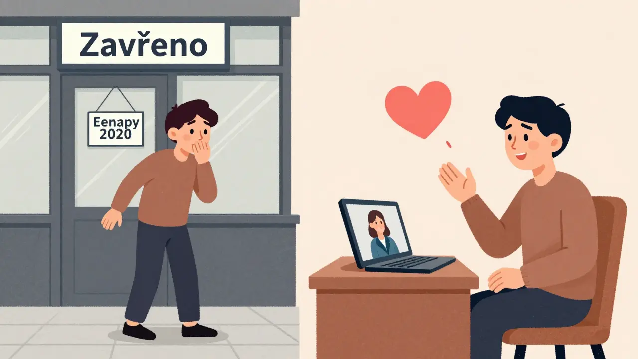 Přechod od uzavřené kanceláře k domácí online terapii v karikaturistickém stylu.