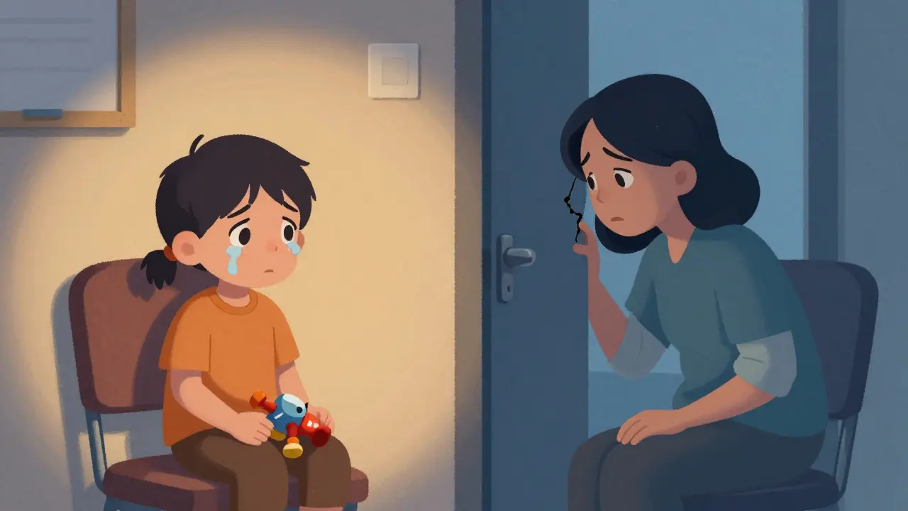 Rozdělený scénář: dítě samotné v terapii, rodič se dívá skrze dveře s obavami.