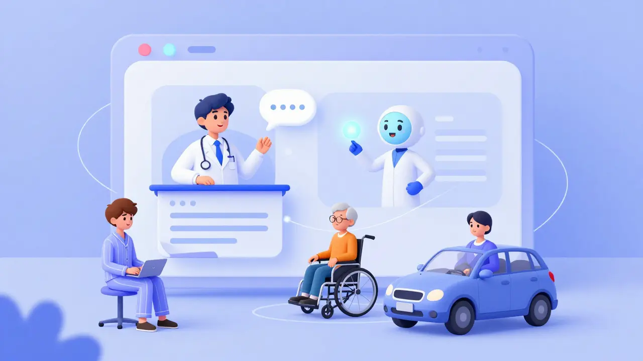 Různí lidé jsou spojeni s terapeutem a AI asistentem přes digitální síť v klidném prostředí.