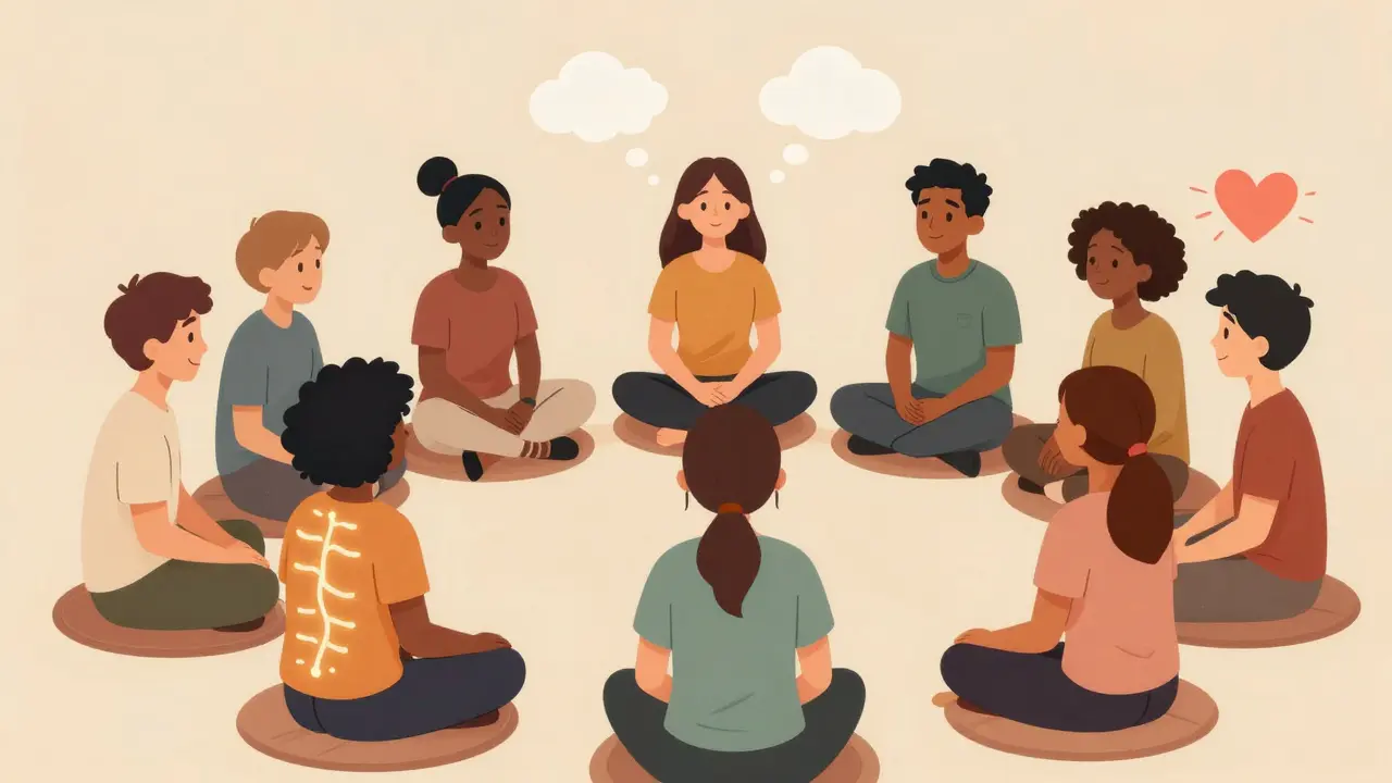 Skupina lidí společně cvičí mindfulness, každý s vlastním vizuálním symbolům vnitřního procesu.