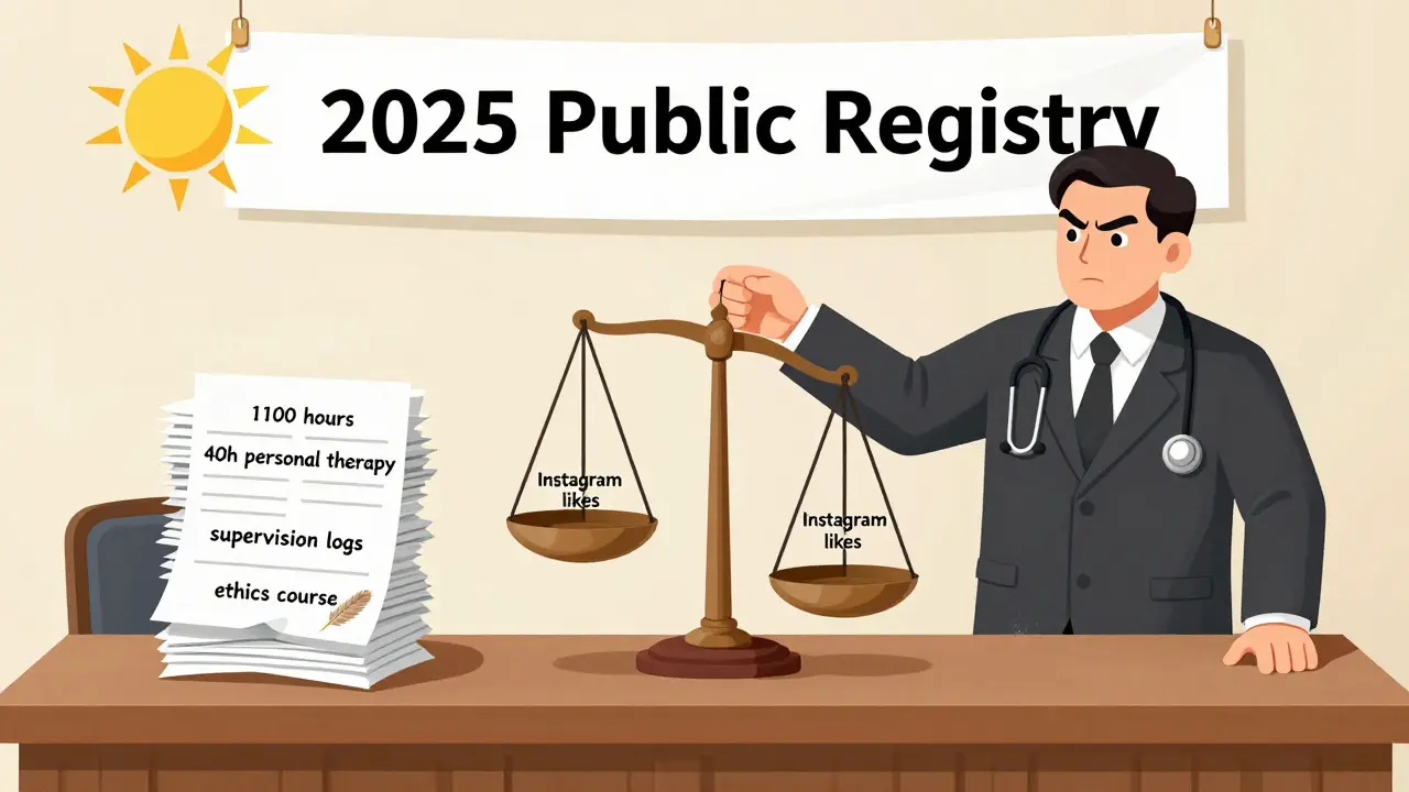 Soudní scéna s dokumenty a 'lajky' na váhách, symbolizující odbornost vs. reklamu.