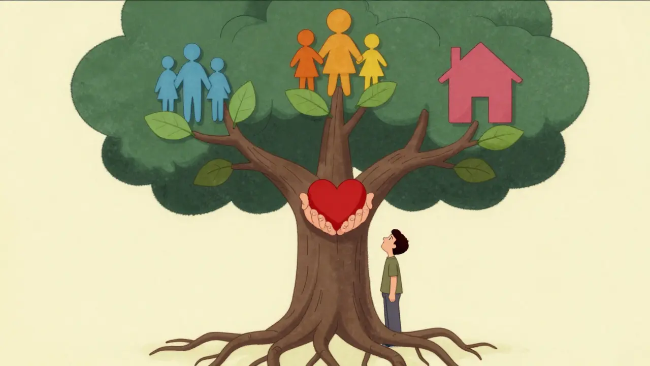 Strom s kořeny jako ruky drží srdce, symbolizující podporu a obnovu.