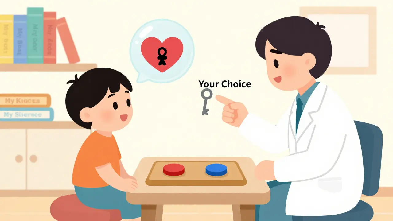 Terapeut a dítě hrají s tokeny na stole, symbolizující výběr, co se sdílí s rodiči.