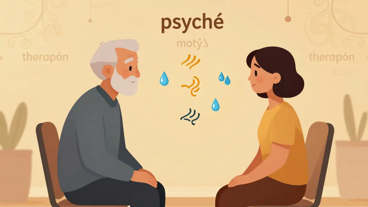 Terapeut a klient sedí spolu v klidném prostředí, kolem nich plavou symboly ticha a emoce.