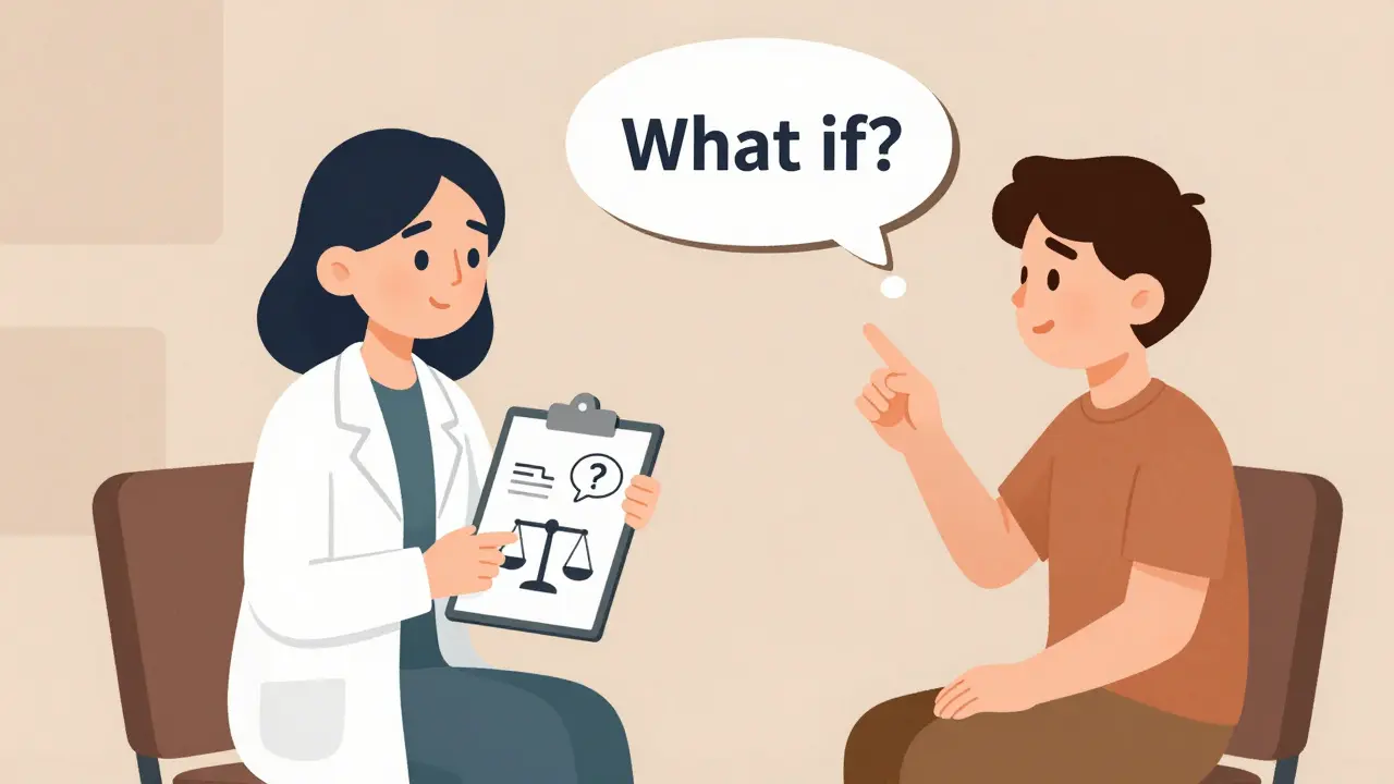 Terapeut a pacient během KBT sezení, symboly dýchání a otázek, UPA styl.