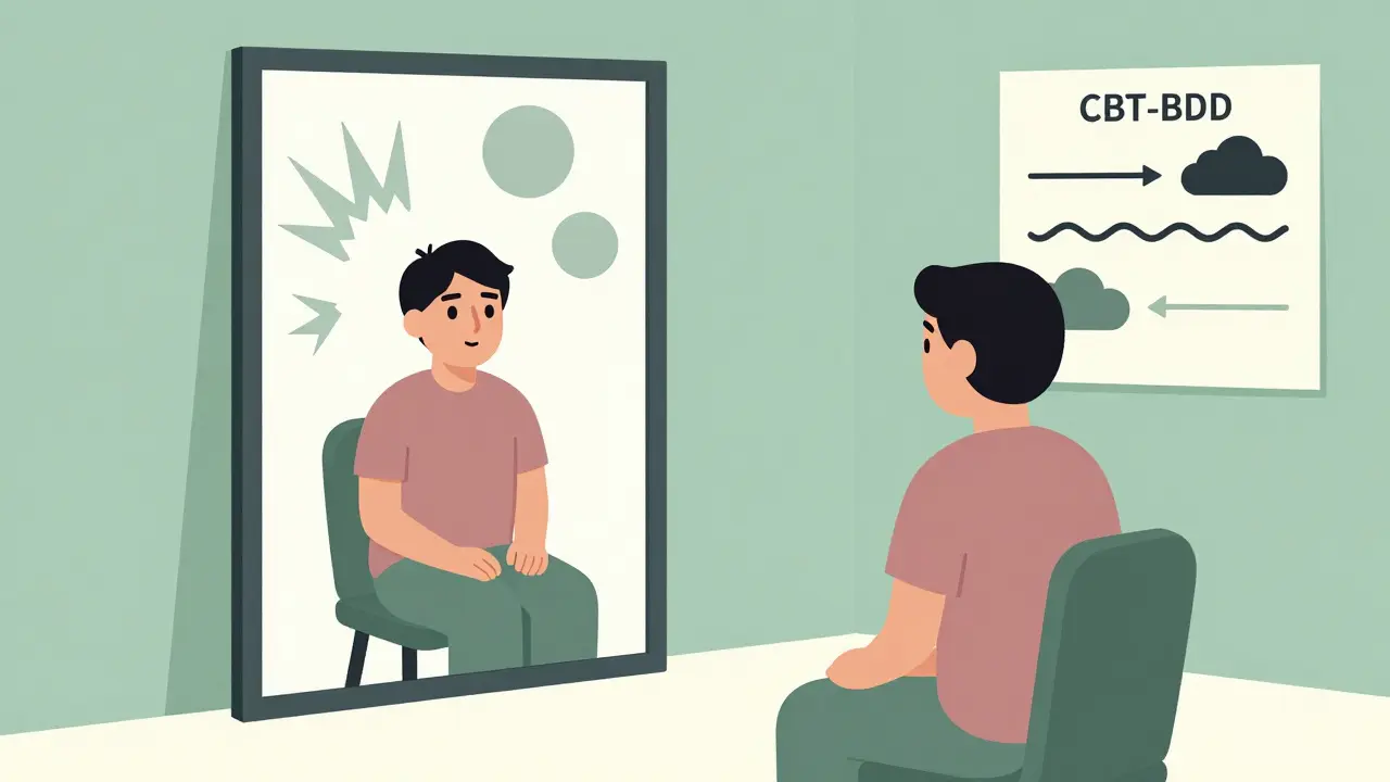 Terapeut a pacient sedí u zrcadla, které ukazuje abstraktní tvary místo skutečného vzhledu.