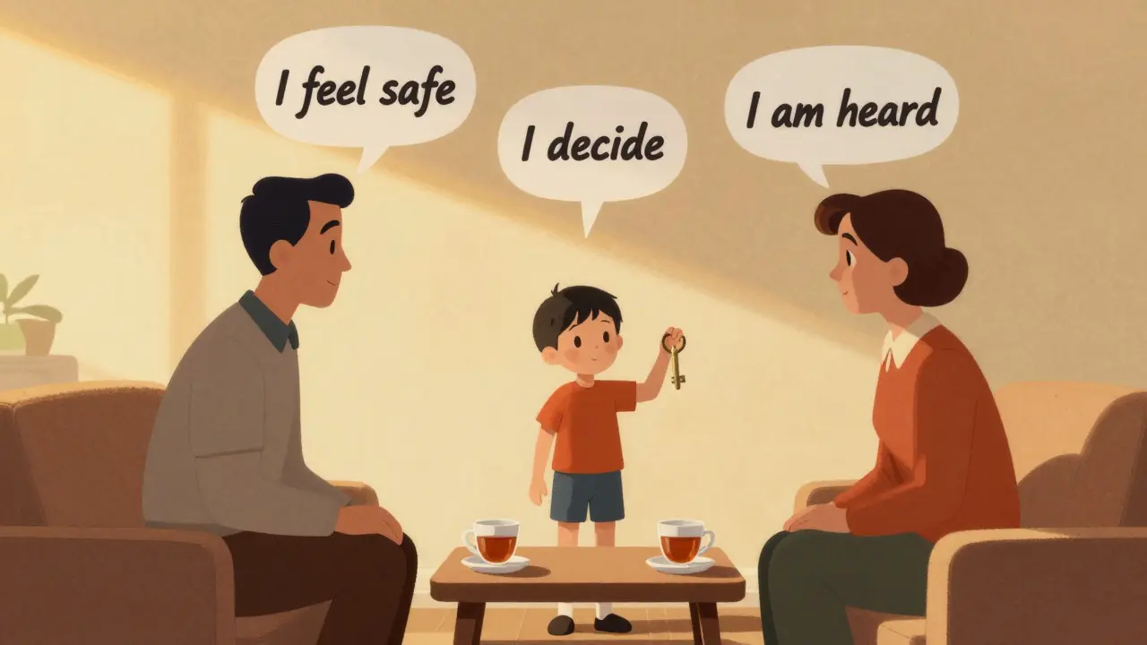 Terapeut a rodič sedí vedle sebe, dítě drží klíč — symbol jeho vlastního hlasu a soukromí.
