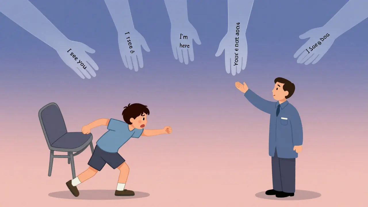 Terapeut stojí klidně, když dítě háže židli, nad nimi plavou slova: 'Vidím tě', 'Jsem tady'.