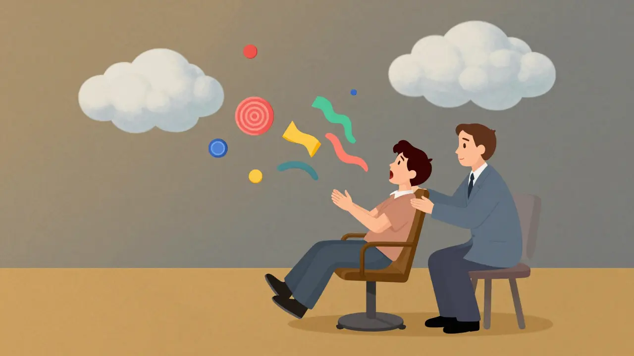 Terapeut vedoucí klienta přes cvičení hyperventilace s přeměnou strachu na klid.