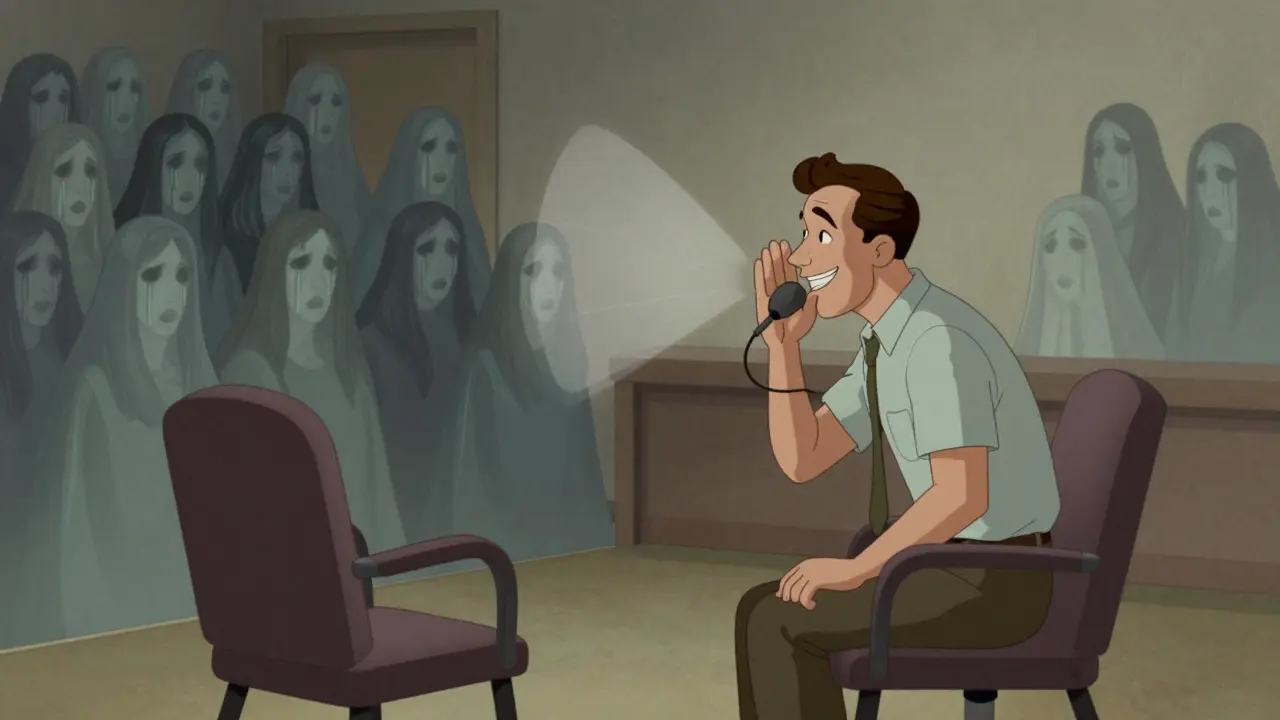 Terapeutická místnost, kde muž mluví do mikrofonu, zatímco ženy v pozadí pláčou.