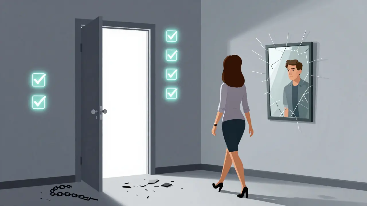 Žena odchází k bezpečnému východu, zatímco zrcadlo odhaluje jen jejího pachatele.