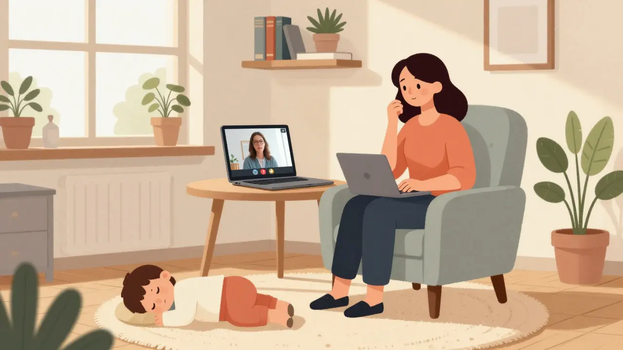 Žena v Praze hovoří s terapeutkou přes laptop, její dítě spí na podlaze.