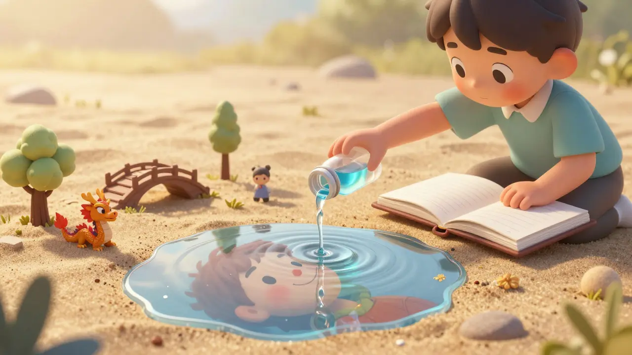 Dítě nechá vodu kapat do písku, kde se v odrazech objevuje smajlík, terapeut sedí vedle.