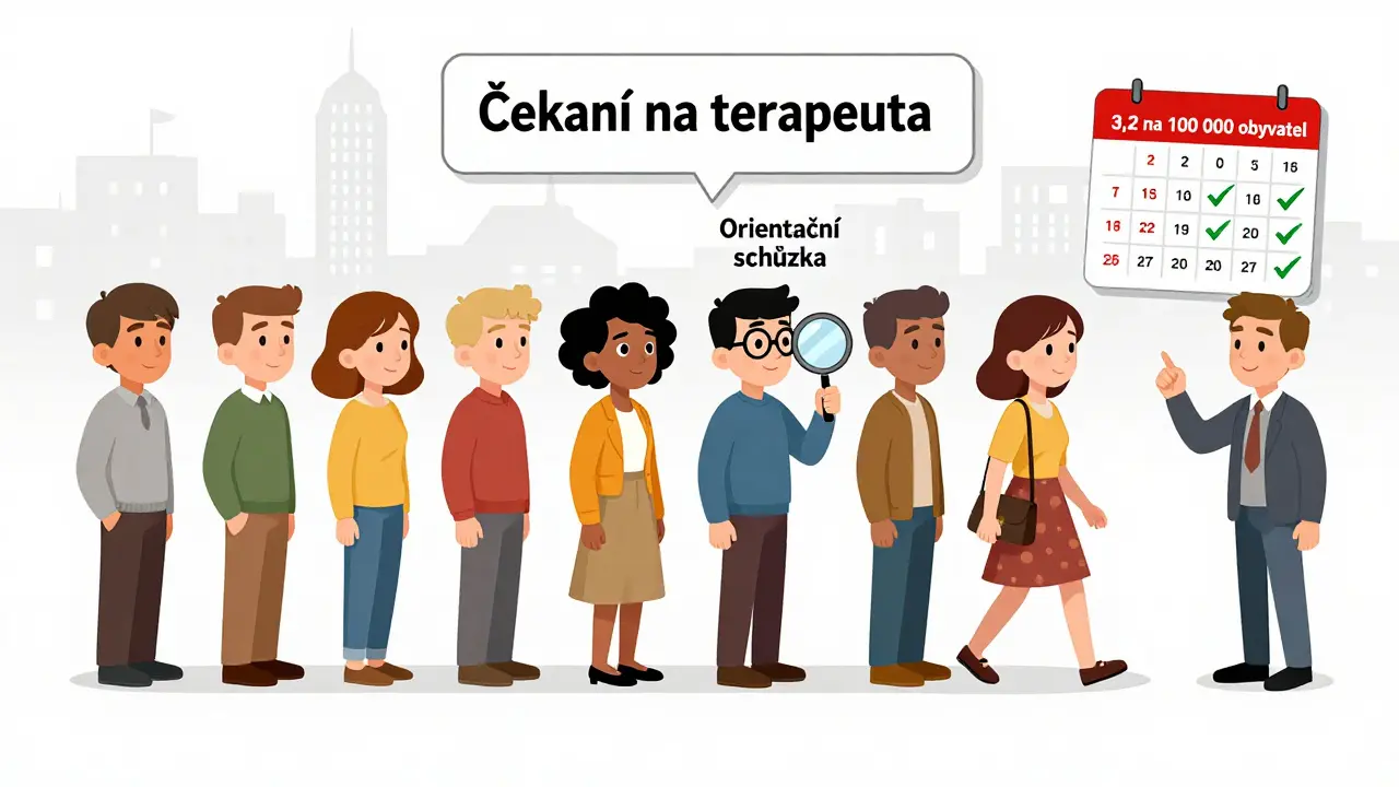 Dlouhá řada lidí čeká na terapeuta, jeden z nich se rozhodne začít orientační schůzkou, za nimi se mění kalendář.
