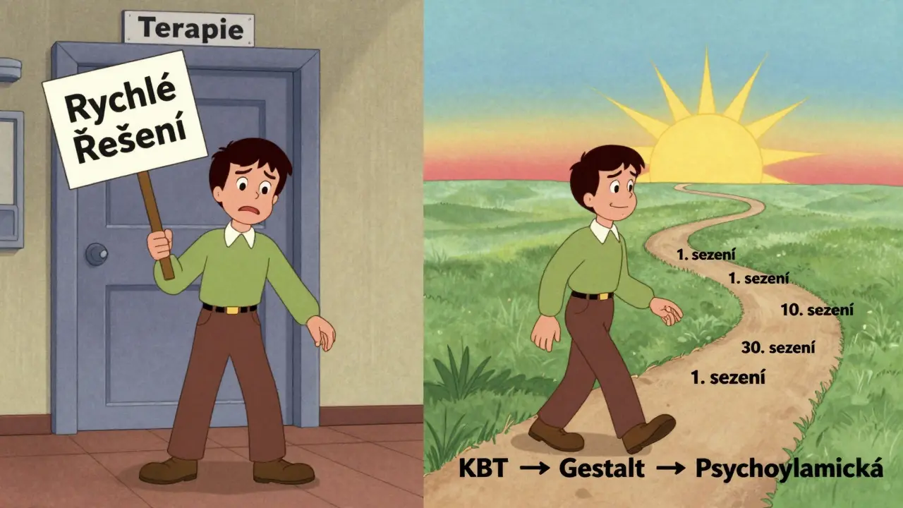 Dvě scény: jeden člověk se vzdává, druhý pokračuje po cestě s kroky terapie a sluncem na horizontu.