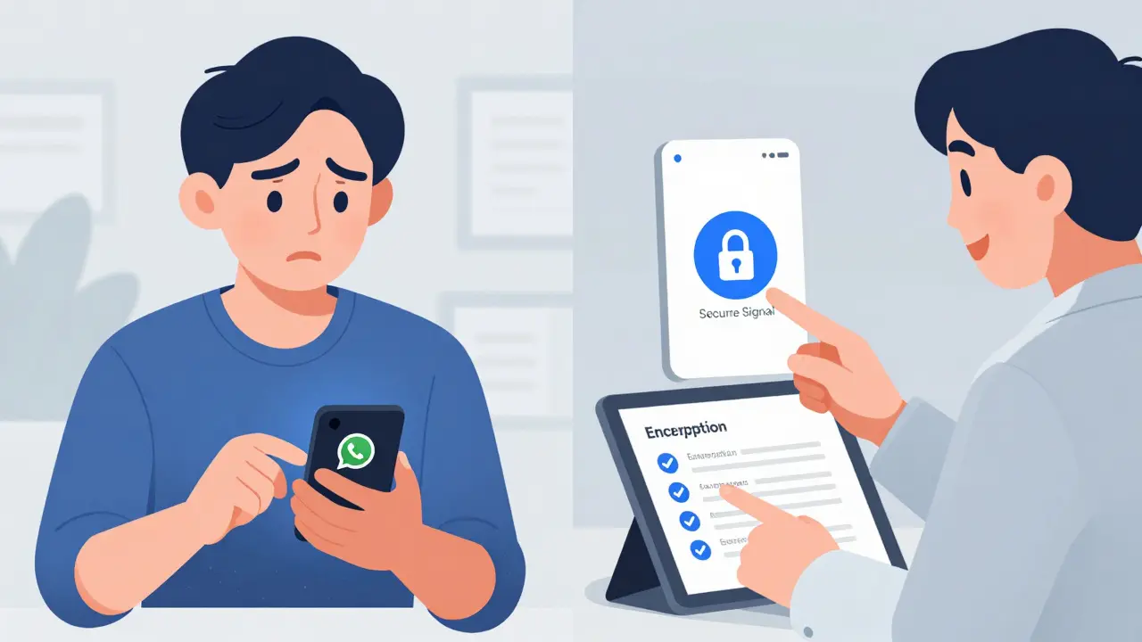 Klient přechází z nebezpečného digitálního nástroje na šifrovanou platformu, zatímco terapeut vysvětluje bezpečnostní pravidla.