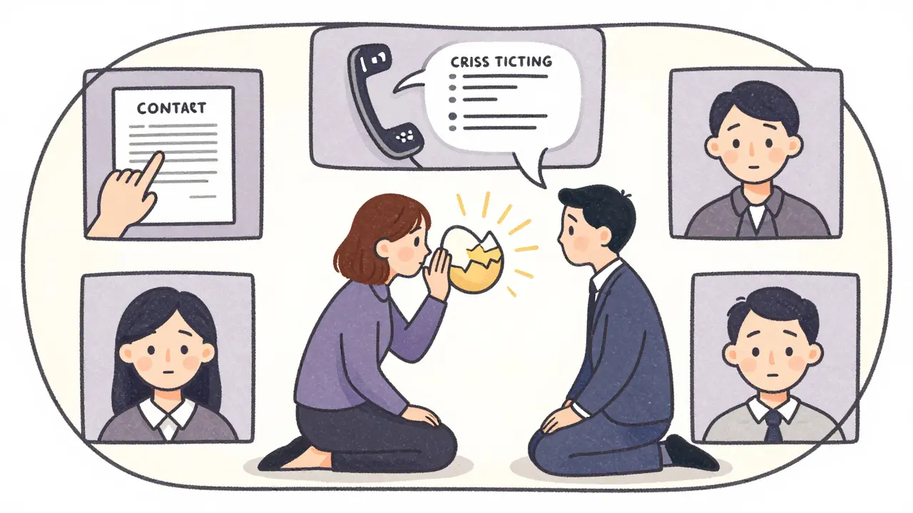 Klient vyjadřuje ranitost, zatímco kolem něj vznikají vizuální symboly dohod o bezpečí, včetně podepsané smlouvy a krizového plánu.