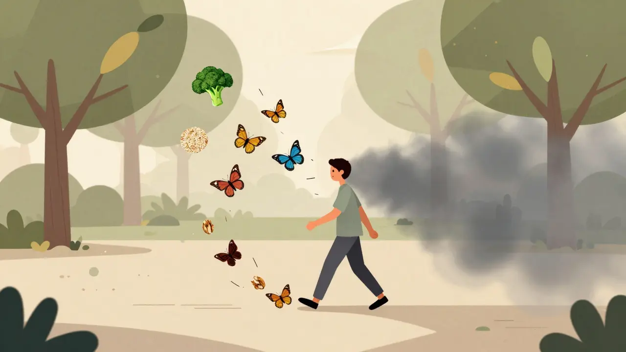 Osoba chodí v parku, za ní se rozplynuvší mlha a motýli s zdravými potravinami.