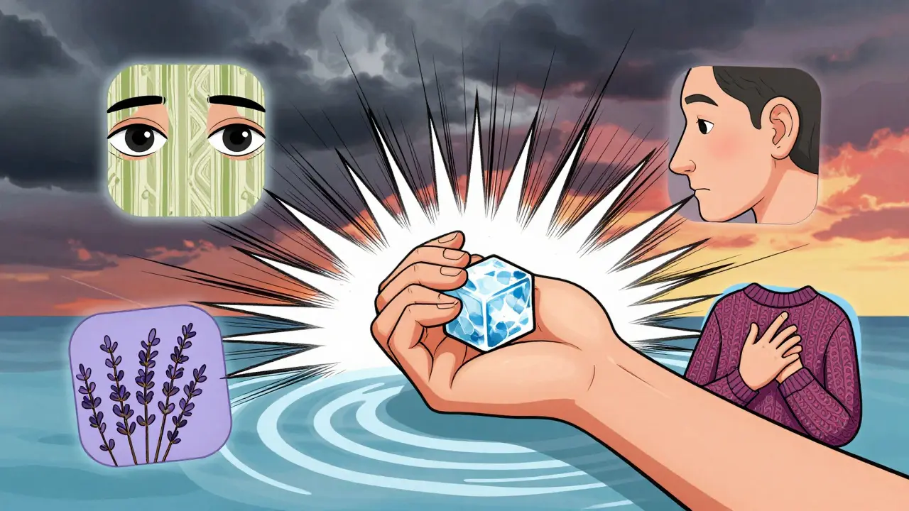 Osoba drží led na zápěstí, kolem ní se objevují zvuky, pachy a doteky, které ji přivádějí zpět do přítomnosti.