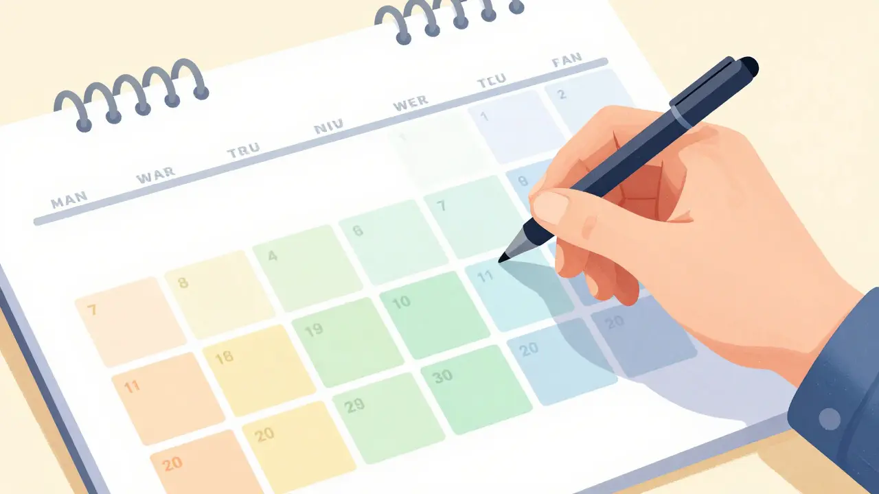 Osoba používá kalendář s barevnými časovými bloky
