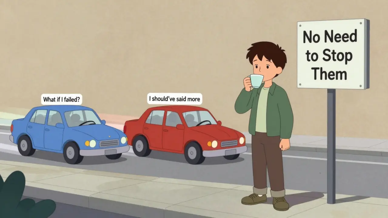 Osoba pozoruje myšlenky jako auta, která projíždějí, aniž by na ně reagovala.