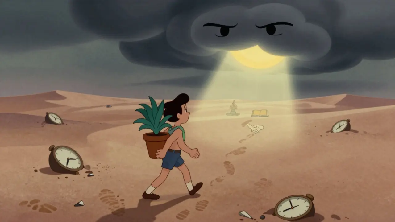 Osoba přechází pouští s květinou, zatímco mraky nad ní odhalují slunce a cestu k změně.