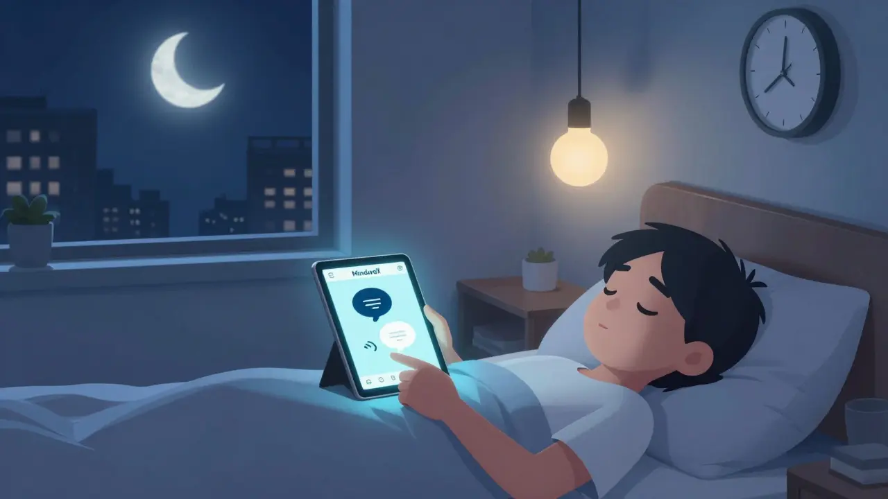 Osoba spí v posteli, vedle ní tablet s terapeutickou aplikací a měsíc venku.
