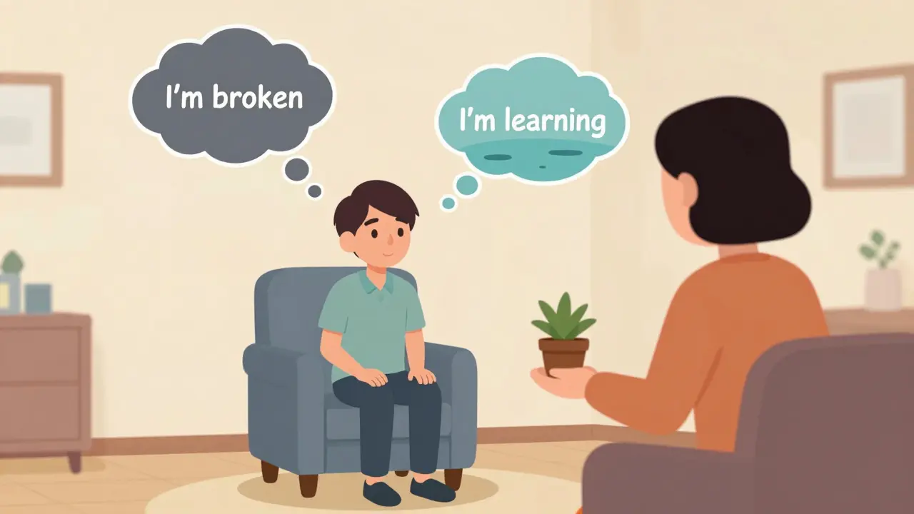 Osoba v terapeutické místnosti s myšlenkovými bublinami a terapeutou, který jí dává rostlinu.