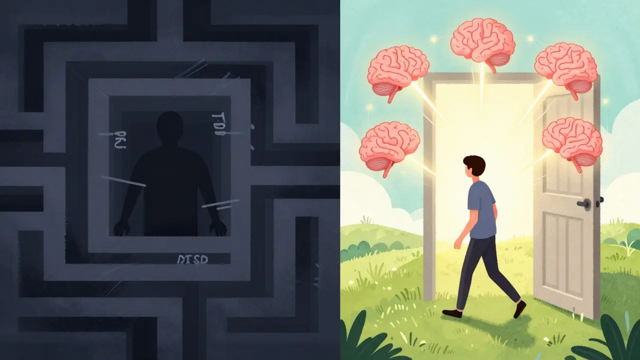 Přechod z temného traumatu k osvětlenému životu s vizualizací spojení mozkových oblastí.