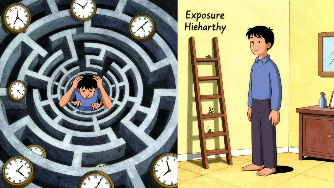 Rozdělený obraz: jeden bok s cyklem kompulzí, druhý s klidným pokrokem přes expozice.