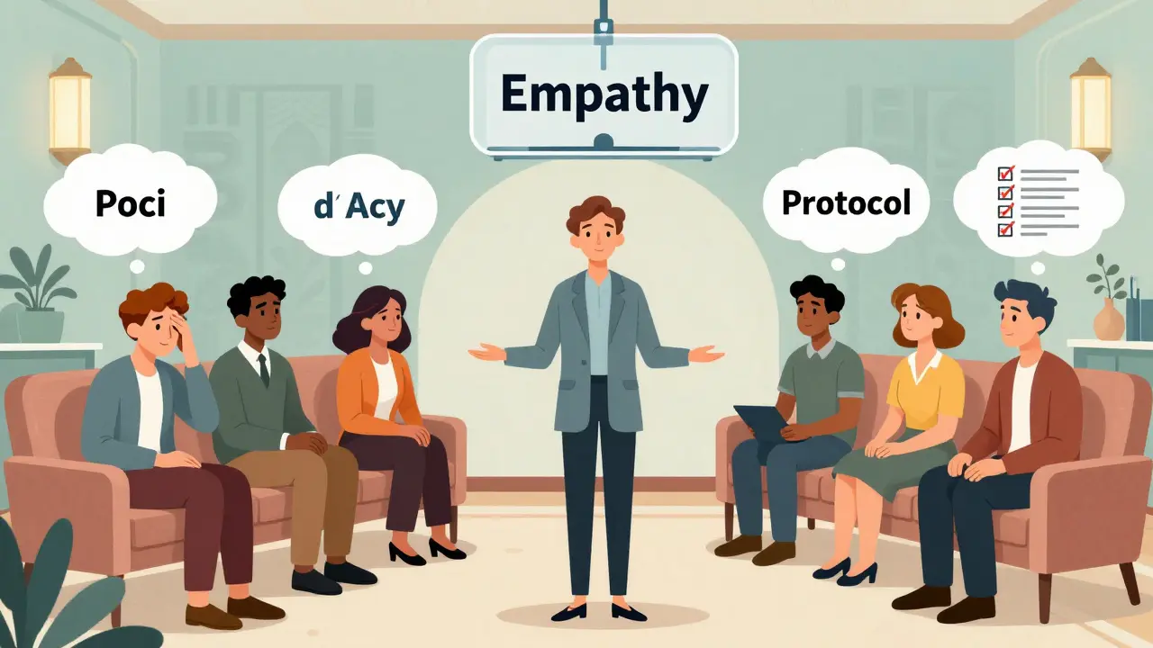 Různí klienti ve čekárně s terapeutem, který poslouchá s empatií