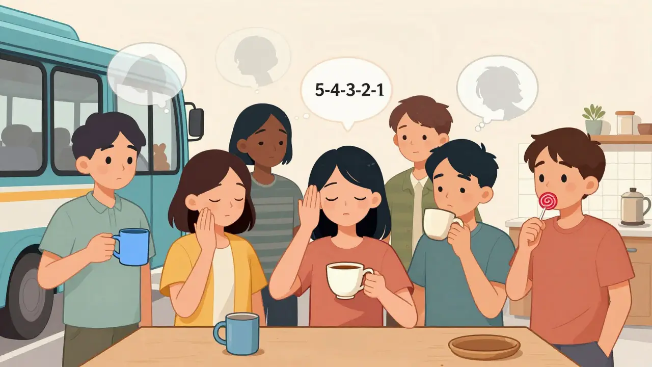 Různí lidé v běžných situacích používají techniku 5-4-3-2-1, každý s vlastním zemňujícím působením.