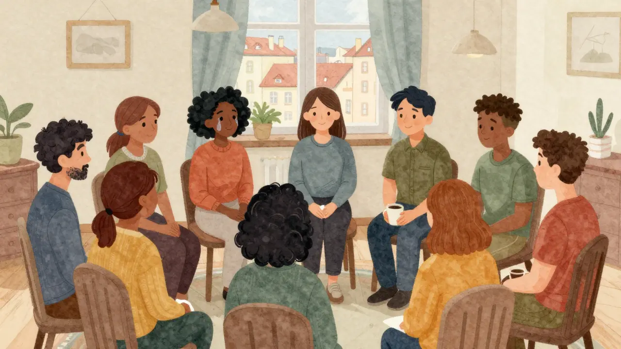 Skupina lidí sdílí zkušenosti s terapeutem a peer podporou v Praze.