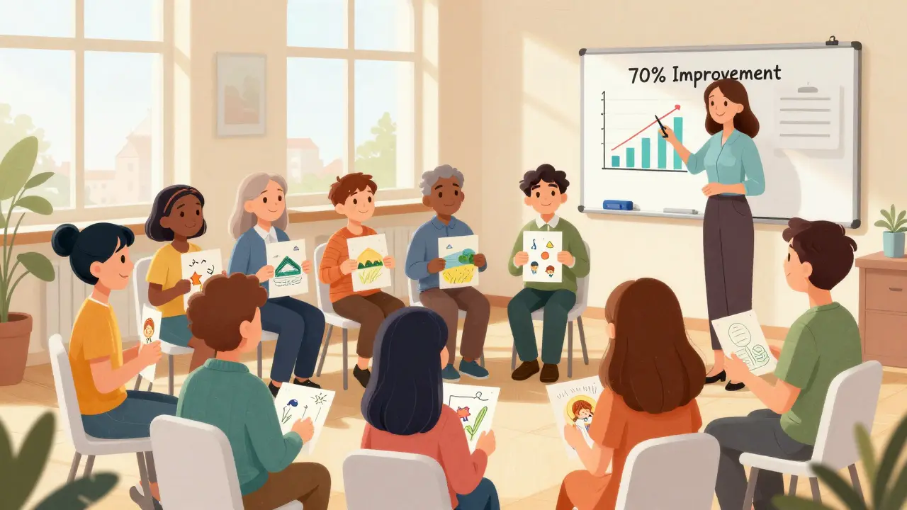 Skupina pacientů po terapii, kteří drží kresby míru, s grafem zlepšení na tabuli.