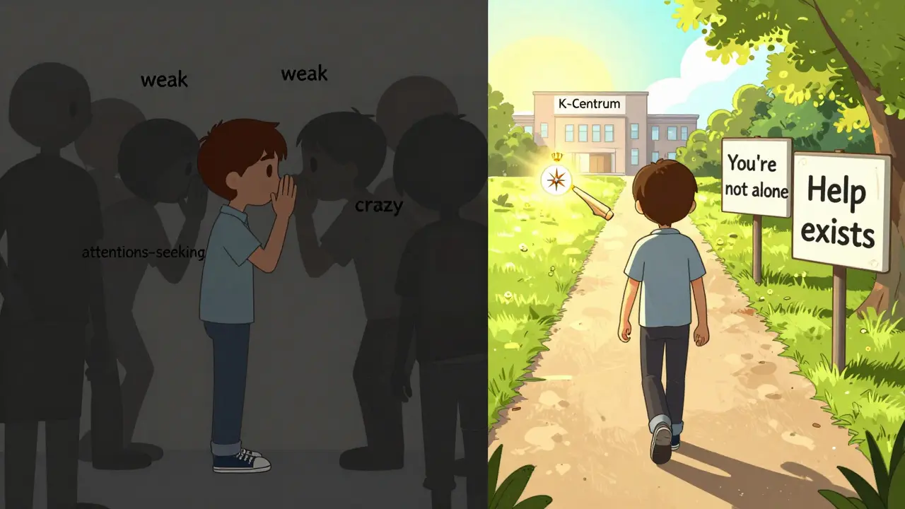 Split scene: shadowy stigma on one side, supportive path with signs and K-Centrum on the other.