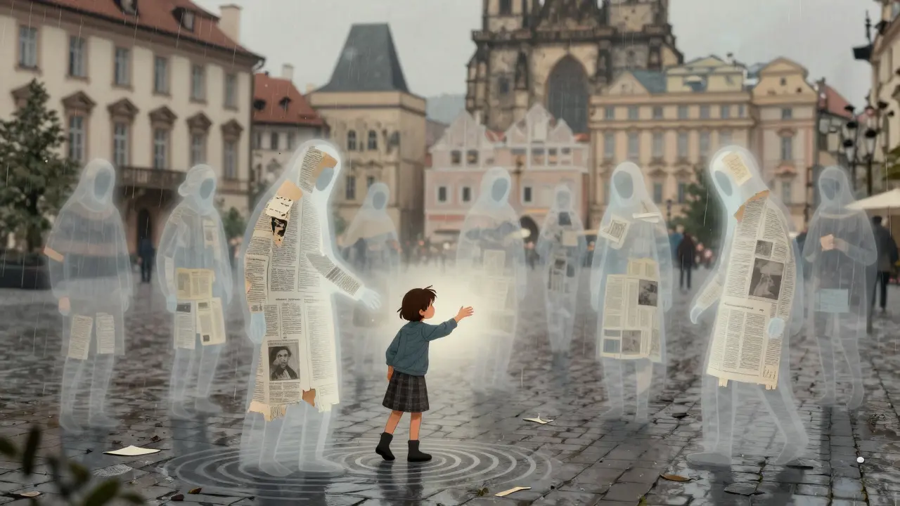Stíny lidí v pražském náměstí, jejich těla složená z časopisových kousků, zatímco dítě dotýká jednoho z nich.