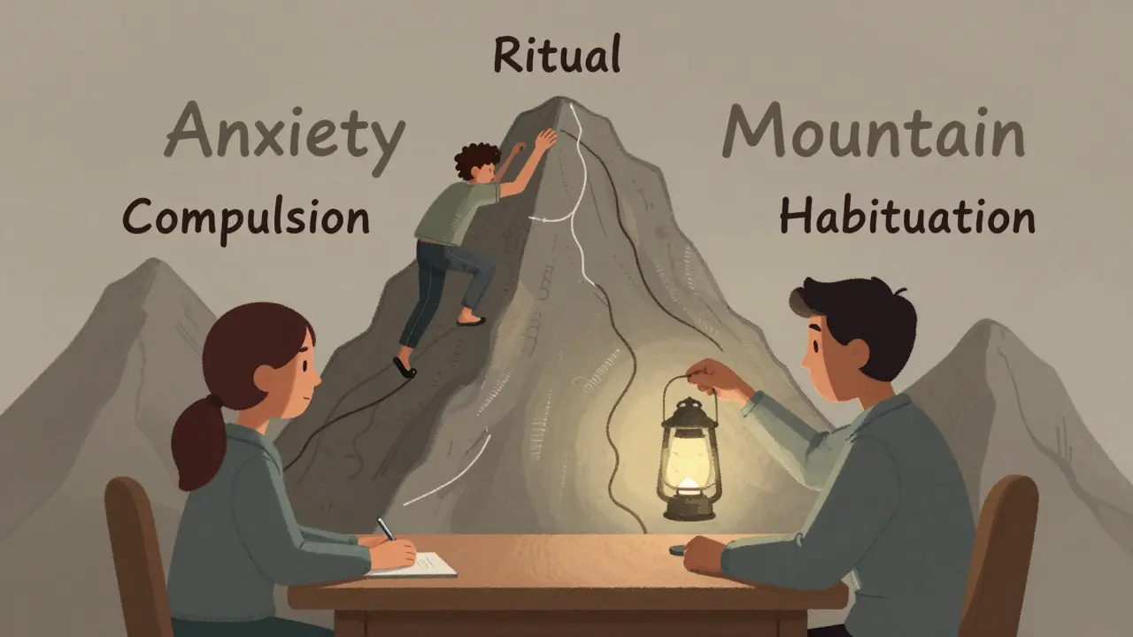 Terapeut a pacient při léčbě OCD, kde pacient šplhá na horu strachu bez rituálu.
