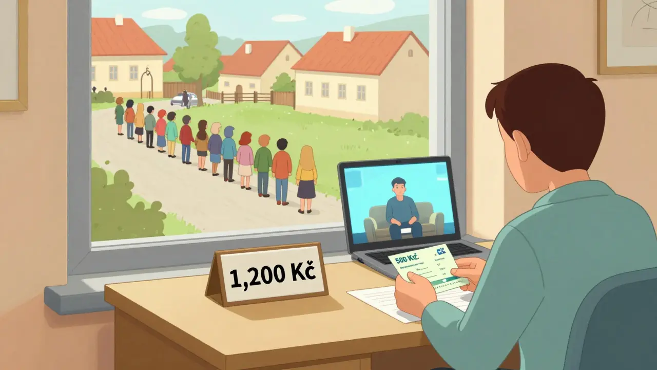 Terapeut v Praze má cenu 1 200 Kč, pacient má slevový poukaz 500 Kč, venkov je bez terapeutů, online schůzka probíhá doma.