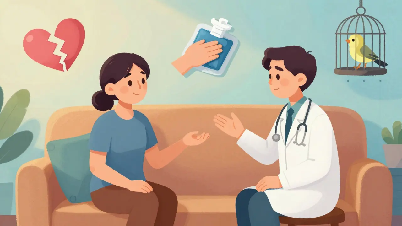 Therapist and client sitting side by side, visual metaphors of healing floating around them.