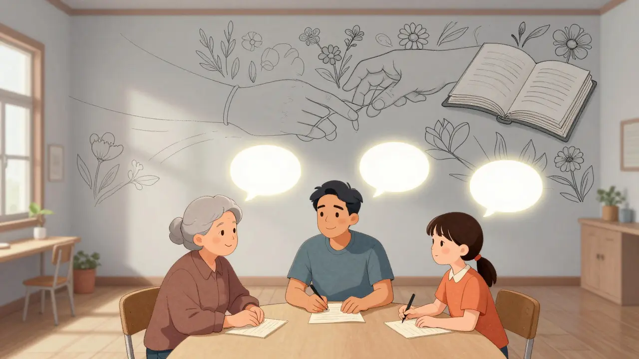 Tři lidé v kruhu, jejich příběhy spojeny světelnými nitěmi, zatímco za nimi vzniká nástěnka s rukama a květinami.