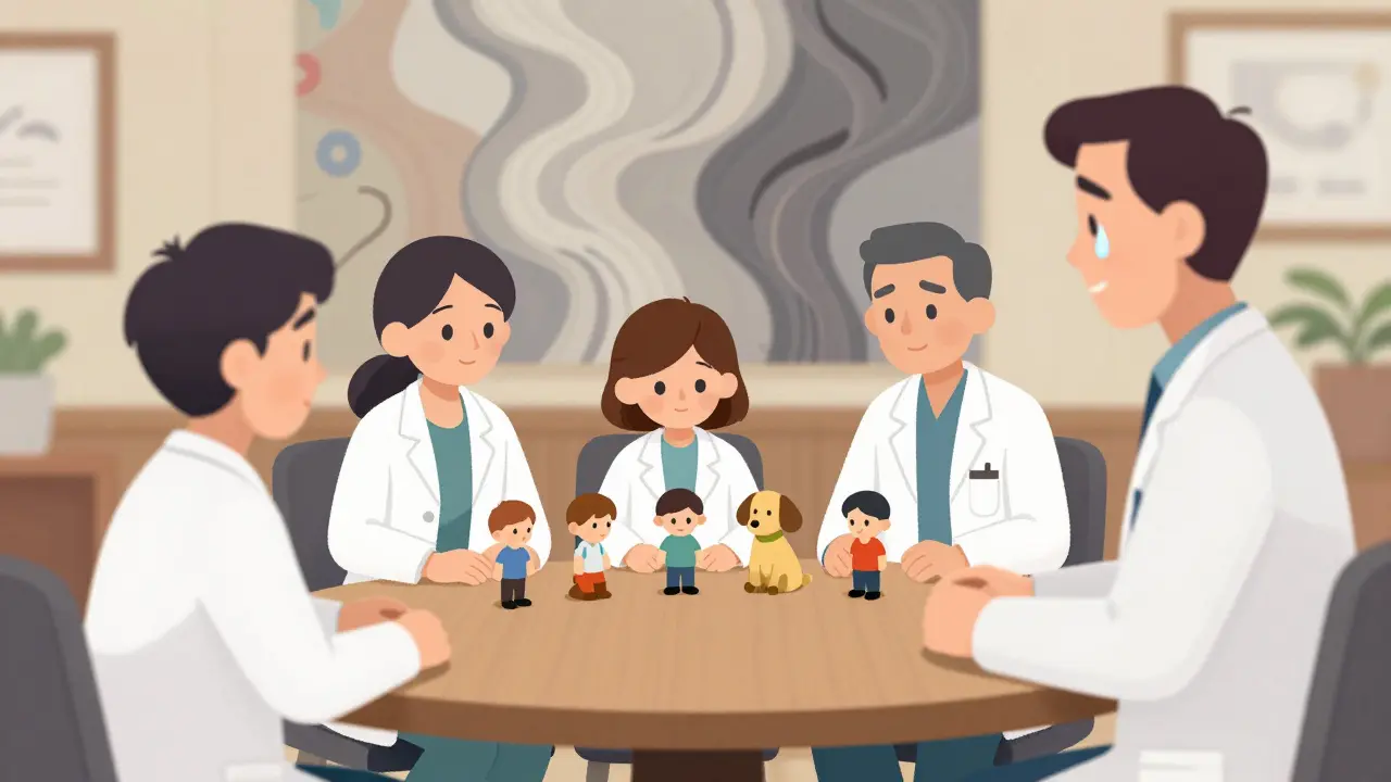 Týmová supervize s rodinnými figurkami a zvířetem kolem stolu, symbolizující systémové vztahy.